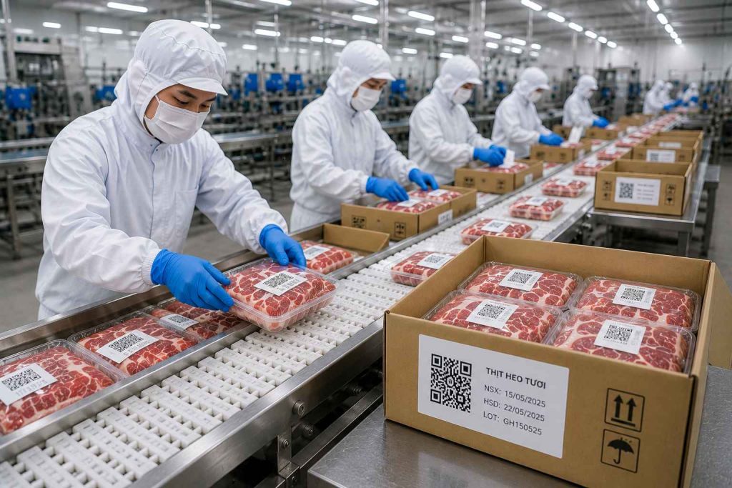 Quy trình đóng gói sau khi in mã truy xuất nguồn gốc thịt theo từng lô hàng tại nhà máy
