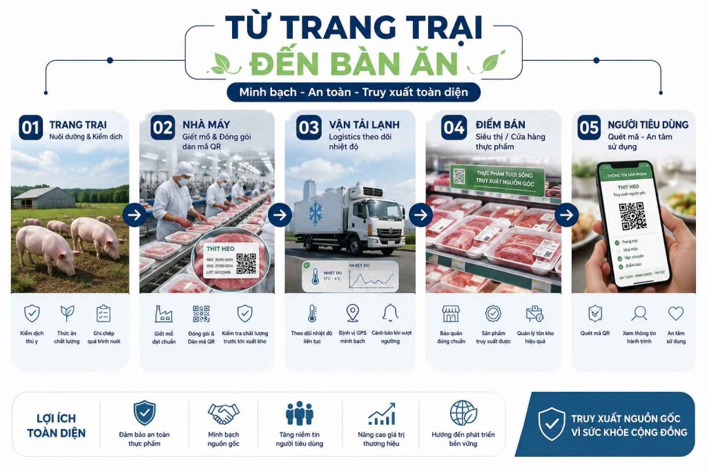 Sơ đồ quy trình 5 bước truy xuất nguồn gốc thịt từ trang trại đến bàn ăn