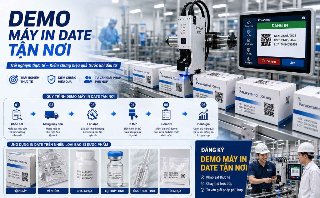 Demo máy in date tận nơi trên dây chuyền sản xuất