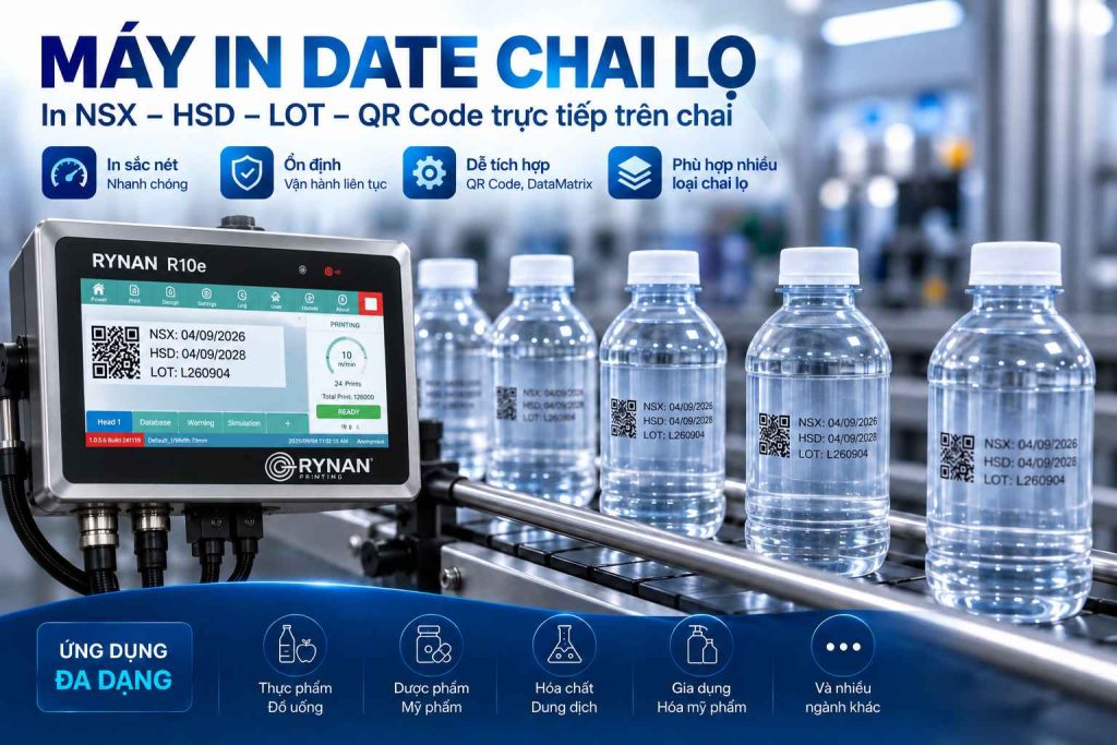 Máy in date chai lọ in NSX HSD và số lô trên dây chuyền